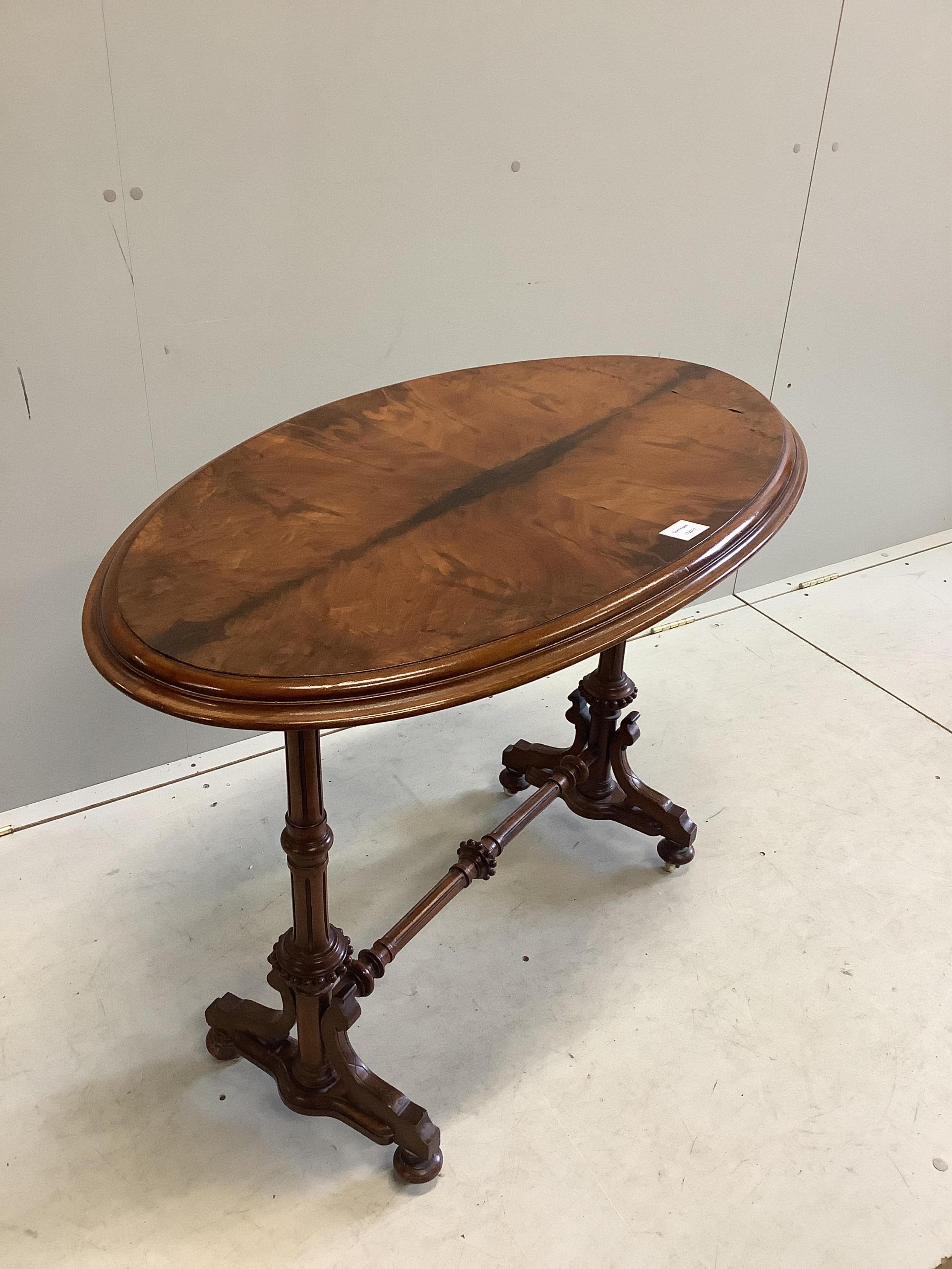 A Victorian oval walnut centre table, width 98cm, depth 55cm, height 71cm. Condition - fair